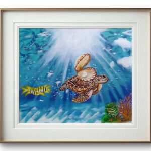 Turtle carrying classic elegance pearl inside sea shell on the seafloor