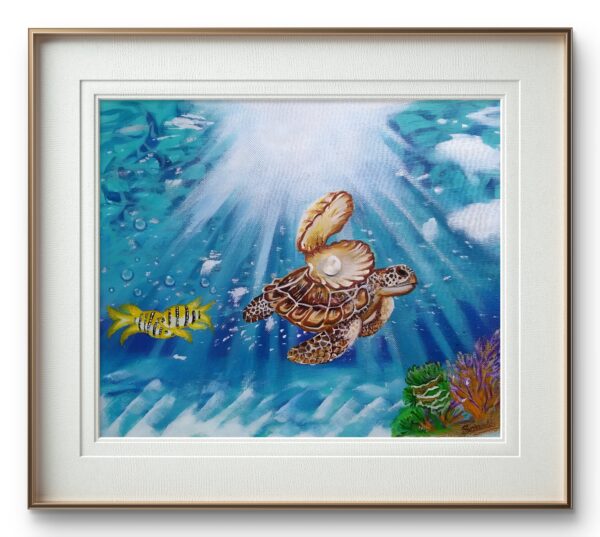 Turtle carrying classic elegance pearl inside sea shell on the seafloor