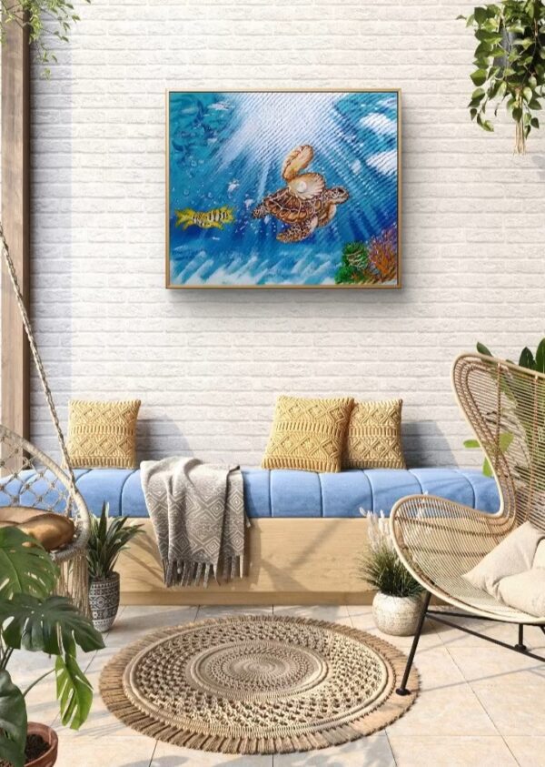 Turtle carrying classic elegance pearl inside sea shell on the seafloor
